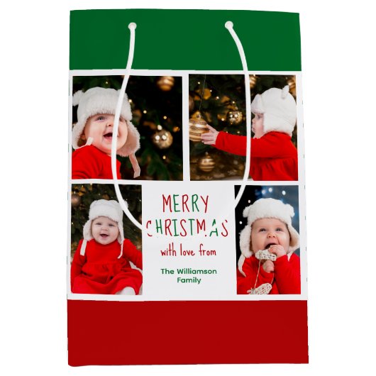 メリークリスマスフォトコラージュ美しいカスタム ミディアムペーパーバッグ (正面)