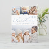 メリークリスマスフォトコラージュ霜の降りたブルー シーズンカード (スタンド正面)