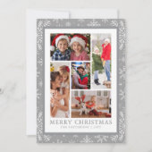 メリークリスマスフォトコラージースシルバー雪片 シーズンカード (正面)