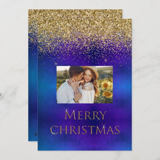 メリークリスマスフォトタイポグラフィグリッター エレガント シーズンカード (正面/裏面)