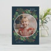 メリークリスマスフォトネイビーグリーンリーパイン&スプルース シーズンカード (スタンド正面)