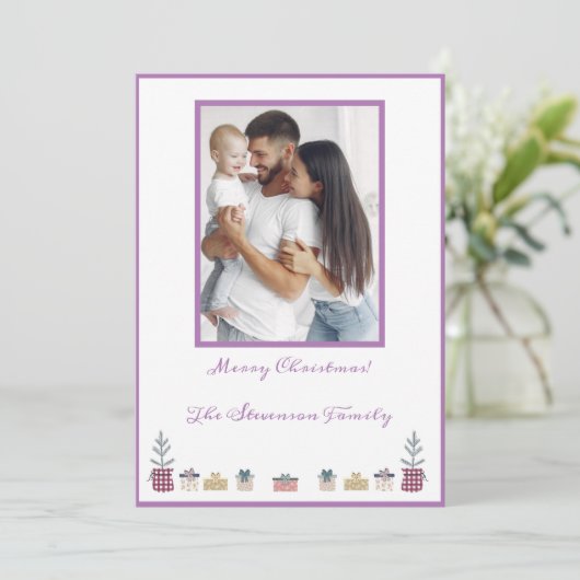 メリークリスマスフォトパーソナライズされたパープルモダン シーズンカード (スタンド正面)