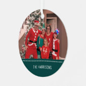 メリークリスマスフォトパーソナライズされたラウンドグリーン メタルオーナメント (正面左)