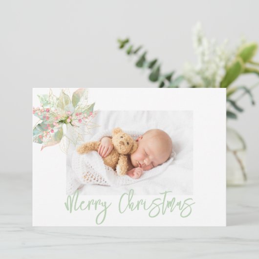 メリークリスマスフォトピンク金ゴールドパステルポインセチア シーズンカード (スタンド正面)