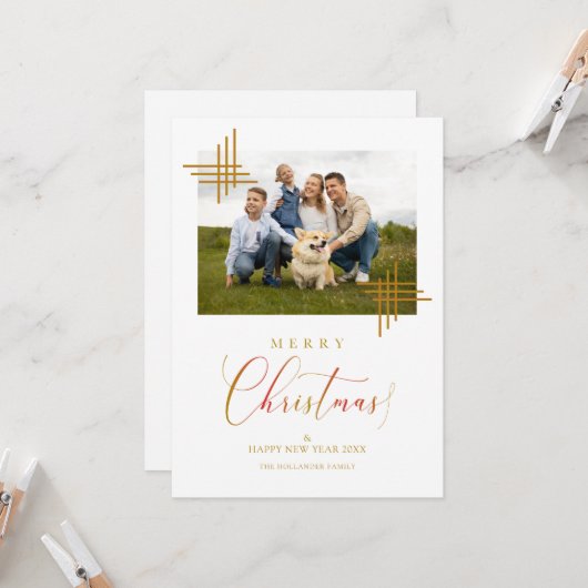 メリークリスマスフォトファミリーミニマリストゴールデン カード (正面/裏面インサイチュ)