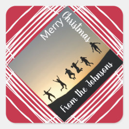 メリークリスマスフォトファミリー名赤いギフトラベル スクエアシール