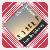 メリークリスマスフォトファミリー名赤いギフトラベル スクエアシール (正面)