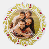 メリークリスマスフォトフェイク金ゴールドリーススクリプト オーナメントカード (裏面)