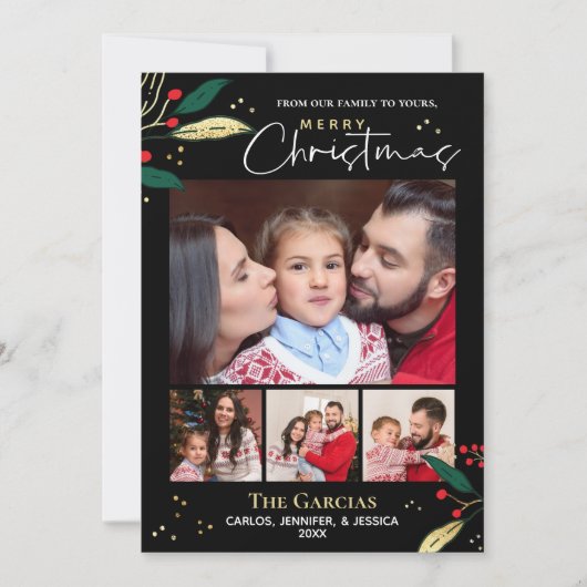 メリークリスマスフォトブラックレッド金ゴールドグリーンリー シーズンカード (正面)