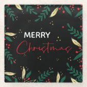 メリークリスマスフォトブラックレッド金ゴールド緑 ガラスコースター (正面)