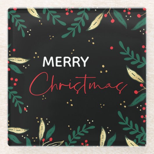 メリークリスマスフォトブラックレッド金ゴールド緑 ガラスコースター (正面)