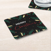 メリークリスマスフォトブラックレッド金ゴールド緑 スクエアペーパーコースター (アングル)