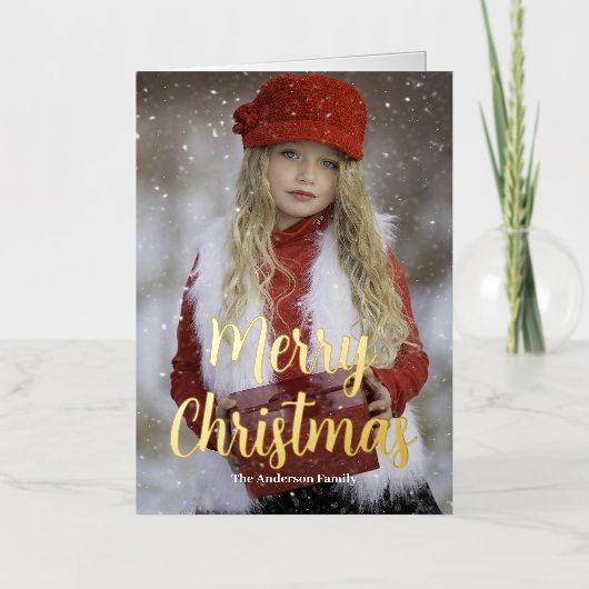 メリークリスマスフォトホリデー実在金ゴールド 箔グリーティングカード (正面)