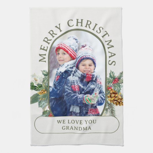 メリークリスマスフォトホリーとパインパーソナライズされたズ キッチンタオル (縦)