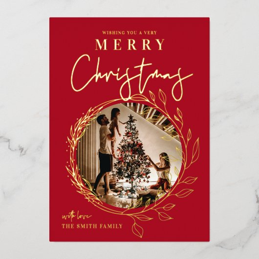 メリークリスマスフォトホリーリースフォイルカード 箔シーズンカード (正面)