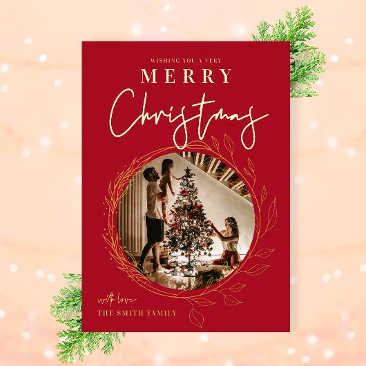 メリークリスマスフォトホリーリースフォイルカード 箔シーズンカード