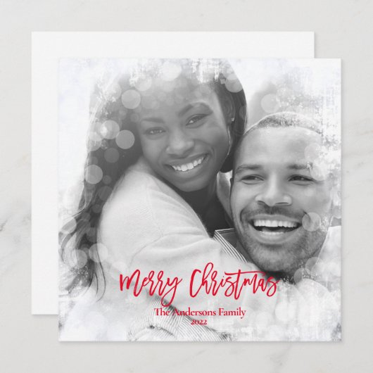 メリークリスマスフォトホワイトモダン《写真》ぼけ味の追加 シーズンカード (正面/裏面)