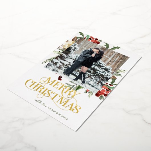 メリークリスマスフォトポインセチア 箔シーズンカード (回転した状態)