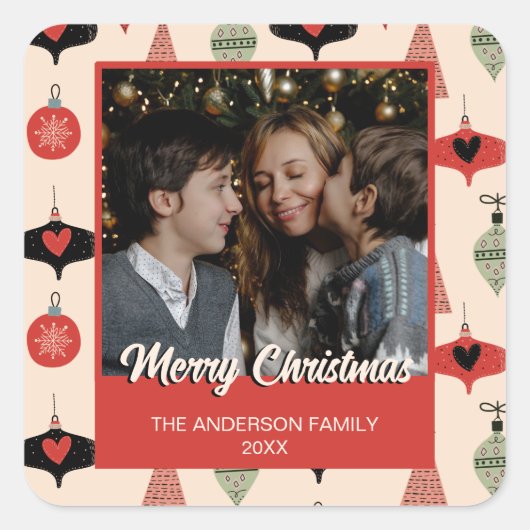 メリークリスマスフォトミッドセンチュリーモダンステッカー スクエアシール (正面)