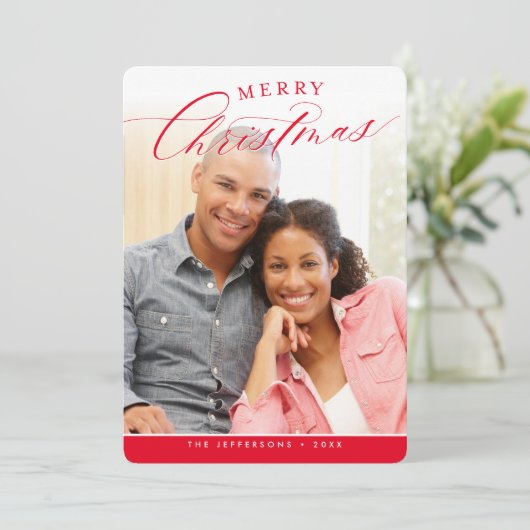 メリークリスマスフォトモダンかわいい書道赤 シーズンカード (スタンド正面)