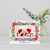 メリークリスマスフォトモダンウォーターカラーレッドフローラ 箔シーズンポストカード (立ち正面)