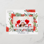 メリークリスマスフォトモダンウォーターカラーレッドフローラ 箔シーズンポストカード (正面/裏面)