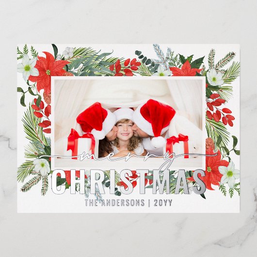 メリークリスマスフォトモダンウォーターカラーレッドフローラ 箔シーズンポストカード (正面)