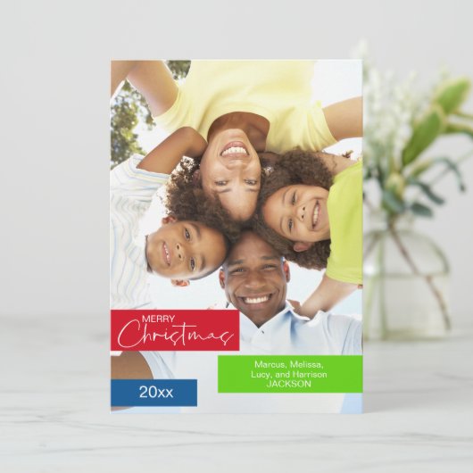 メリークリスマスフォトレッドグリーンブルーストライプシンプル シーズンカード (スタンド正面)