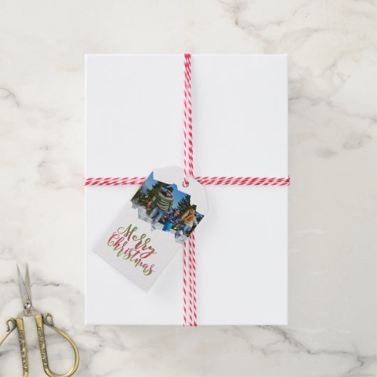 メリークリスマスフォト図解入りの、写真付きの ギフトタグ (より糸付き)