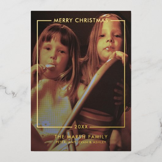 メリークリスマスフォト垂直 – 金ゴールド縁ど 箔シーズンカード (正面)