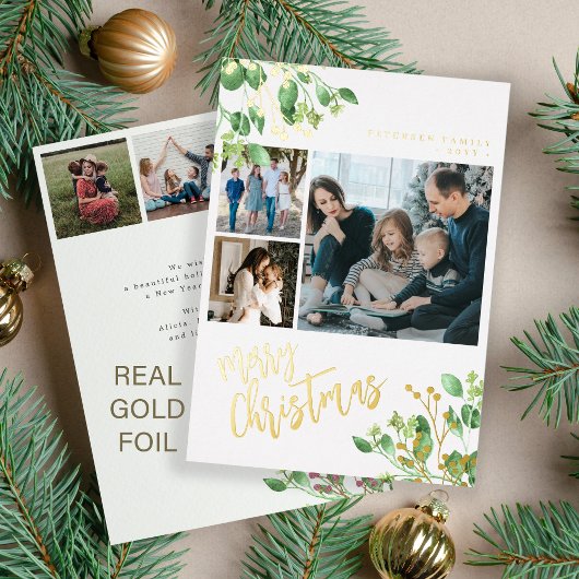 メリークリスマスフォト数々のボタニカルな葉 箔シーズンカード