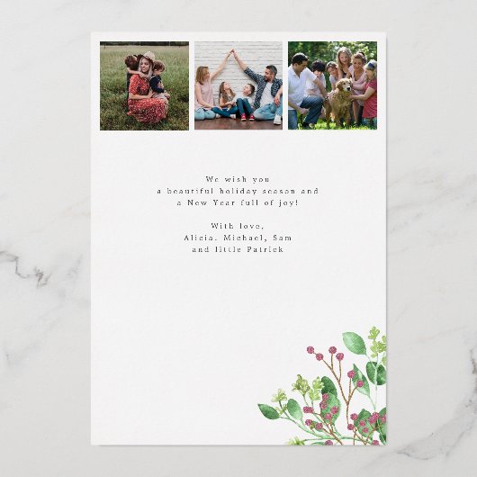 メリークリスマスフォト数々のボタニカルな葉 箔シーズンカード (裏面)