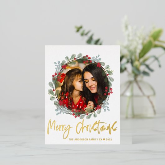 メリークリスマスフォト植物学金ゴールドスクリプト 箔シーズンポストカード (立ち正面)