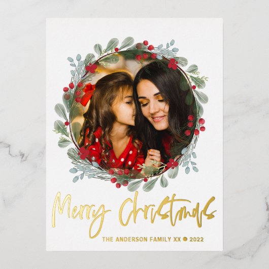 メリークリスマスフォト植物学金ゴールドスクリプト 箔シーズンポストカード (正面)