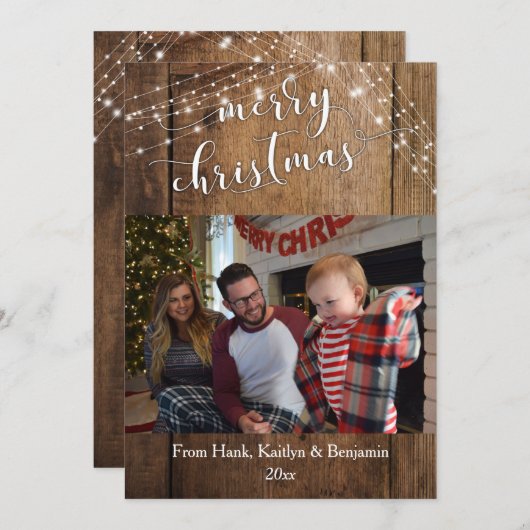 メリークリスマスフォト素朴（木とライト付き） シーズンカード (正面/裏面)