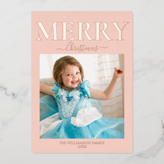 メリークリスマスフォト赤面ピンク 箔シーズンカード (正面)
