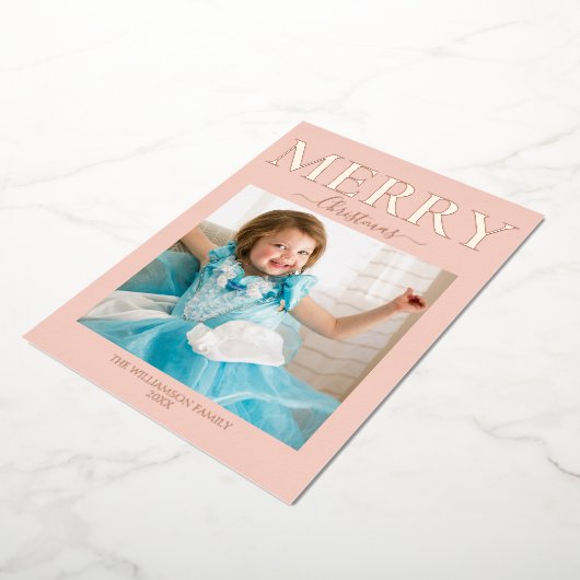メリークリスマスフォト赤面ピンク 箔シーズンカード (回転した状態)