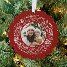 メリークリスマスフォト金ゴールドリースレッド オーナメントカード