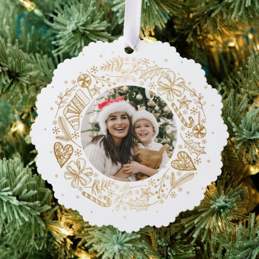 メリークリスマスフォト金ゴールドリース オーナメントカード (インサイチュ (木))