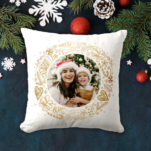 メリークリスマスフォト金ゴールドリース クッション
