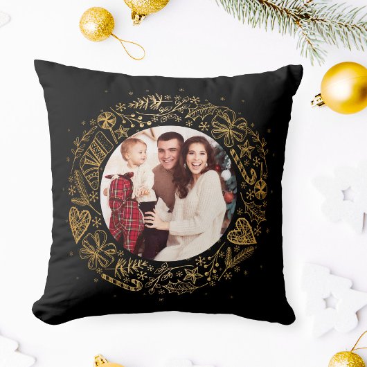 メリークリスマスフォト金ゴールドリース クッション