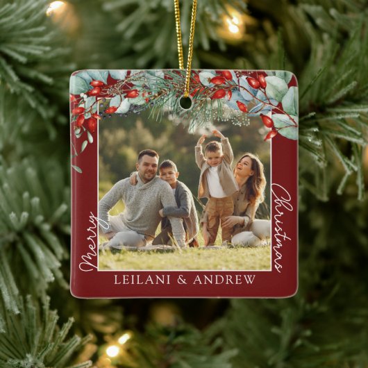 メリークリスマスフォト&ウォーター色ホリー・バーガンディ セラミックオーナメント (ツリー)