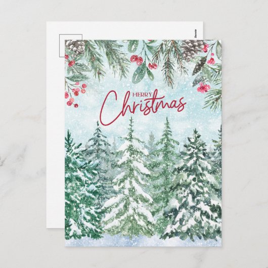 メリークリスマスフォレスト、赤い果実、ピネコン シーズンポストカード (正面/裏面)