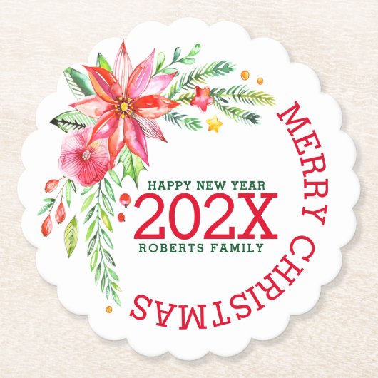 メリークリスマスフラワーブーケ新年おめでとう ペーパーコースター (正面)
