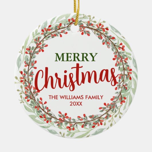 メリークリスマスフラワーリースファミリー名 セラミックオーナメント (正面)