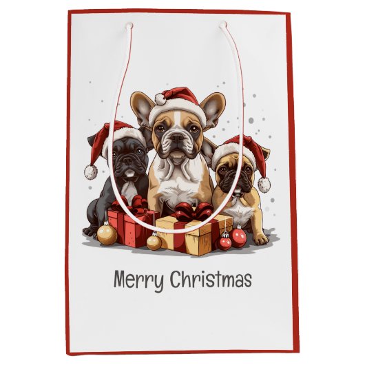 メリークリスマスフランスのブルドッグスサンタハット ミディアムペーパーバッグ (正面)