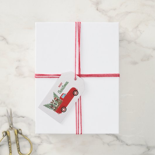 メリークリスマスフランスのブルドッグスレッドピックアップトラック ギフトタグ (より糸付き)