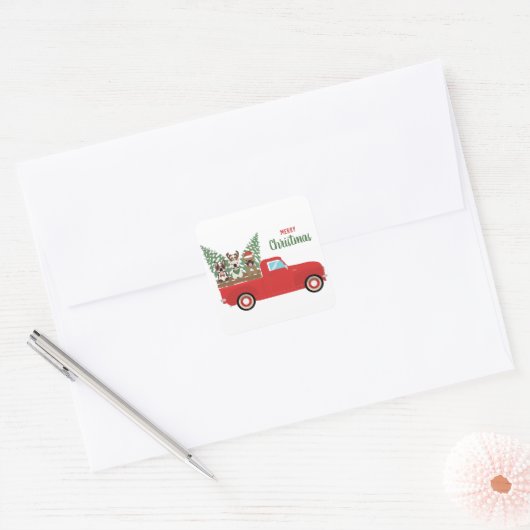 メリークリスマスフランスのブルドッグスレッドピックアップトラック スクエアシール (封筒)