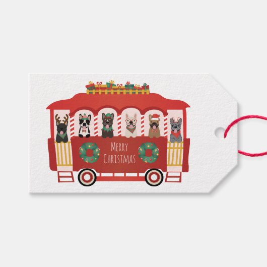 メリークリスマスフランスのブルドッグズホリデートロリー ギフトタグ (正面(横))