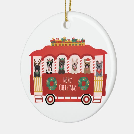メリークリスマスフランスのブルドッグズホリデートロリー セラミックオーナメント (左)